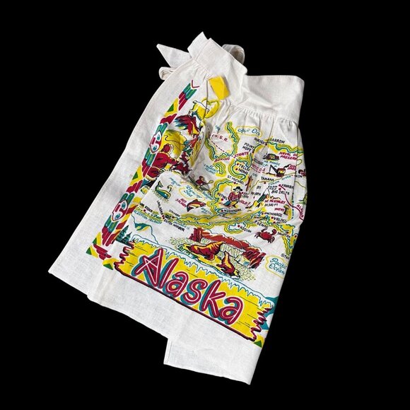 Other - Vintage Alaska Souvenir Apron Map Cactus Cloth Mid Century Kitsch Yellow Red